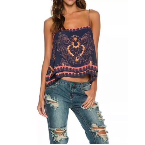 Free People Shirt Womens Large ASO Summer Scarf Print Crop Boho Festival Blouse - Picture 1 of 9